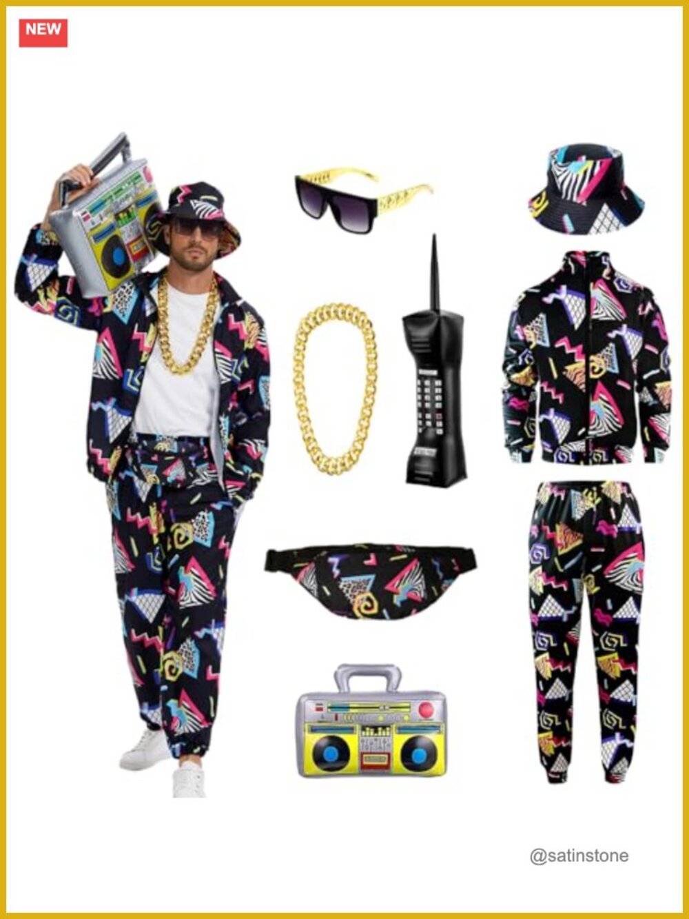 Men's 80s 90s Retro Costume Set Jacket Sweatpants Hat Sunglasses 8 Piece
